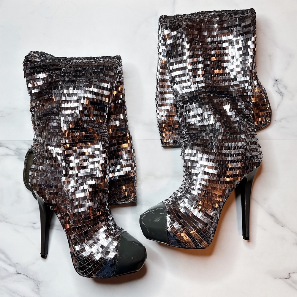 Deréon Beyonce Pewter Sequined Explosion Thigh High Boots